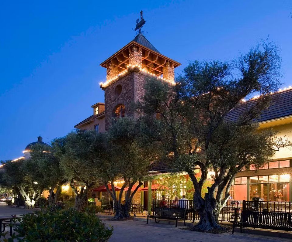 El Dorado Hills Town Center stone tower at dusk