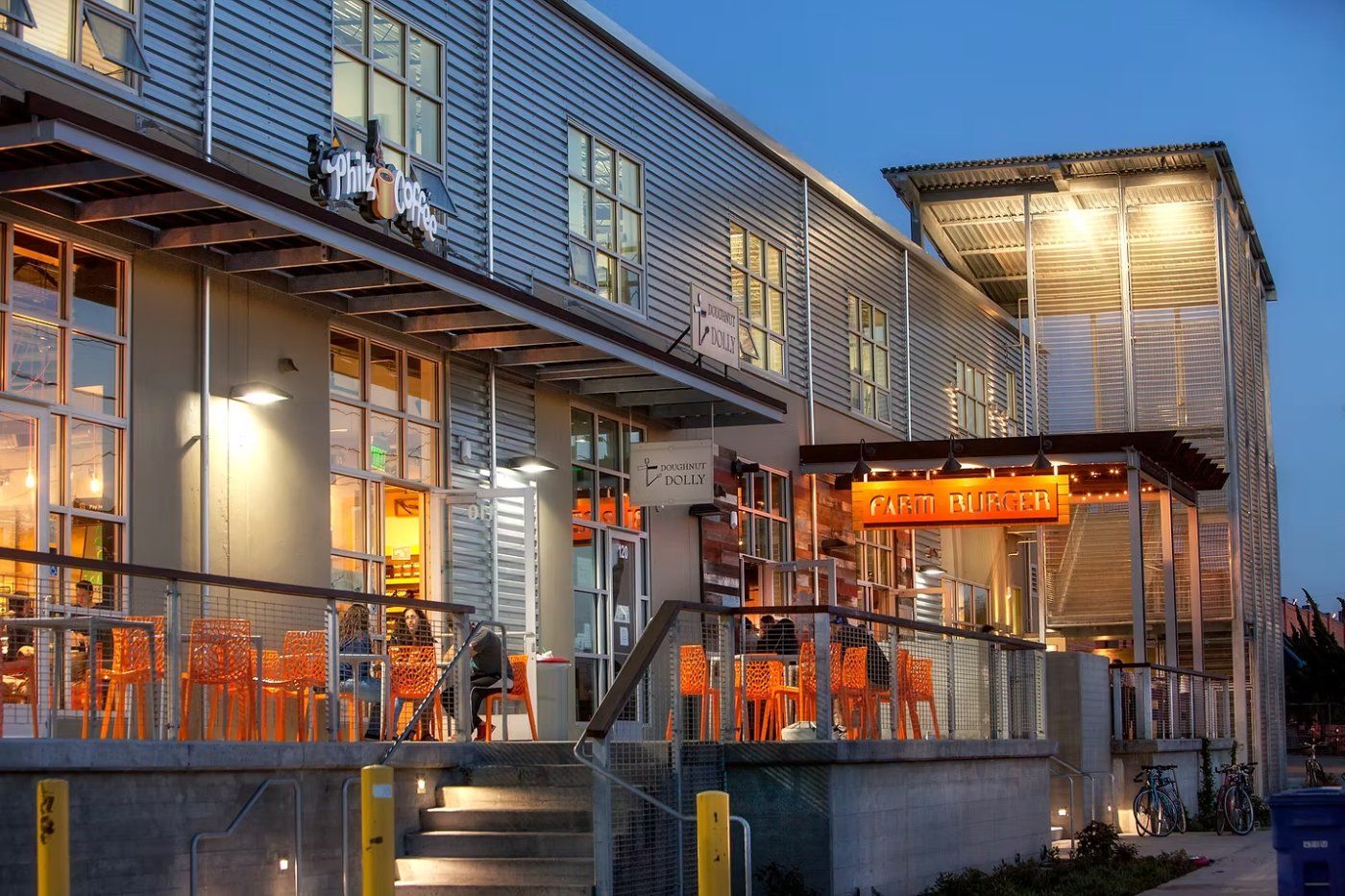 Philz Coffee and Farm Burger at the Gilman District at dusk
