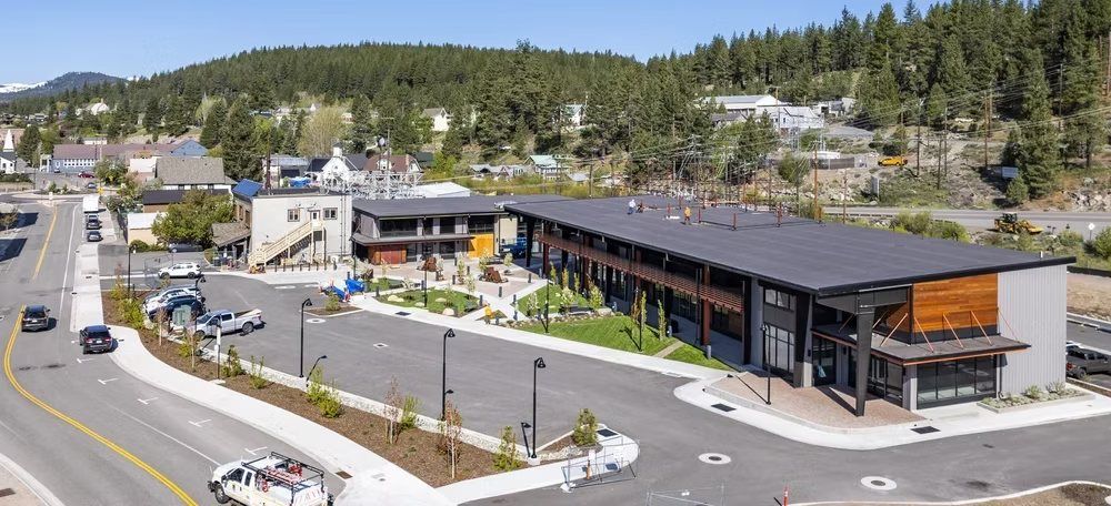 Aerial view of The Old Lumberyard with downtown Truckee beyond