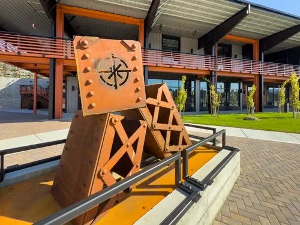 A railyard-iron sculpture in the courtyard at The Old Lumberyard