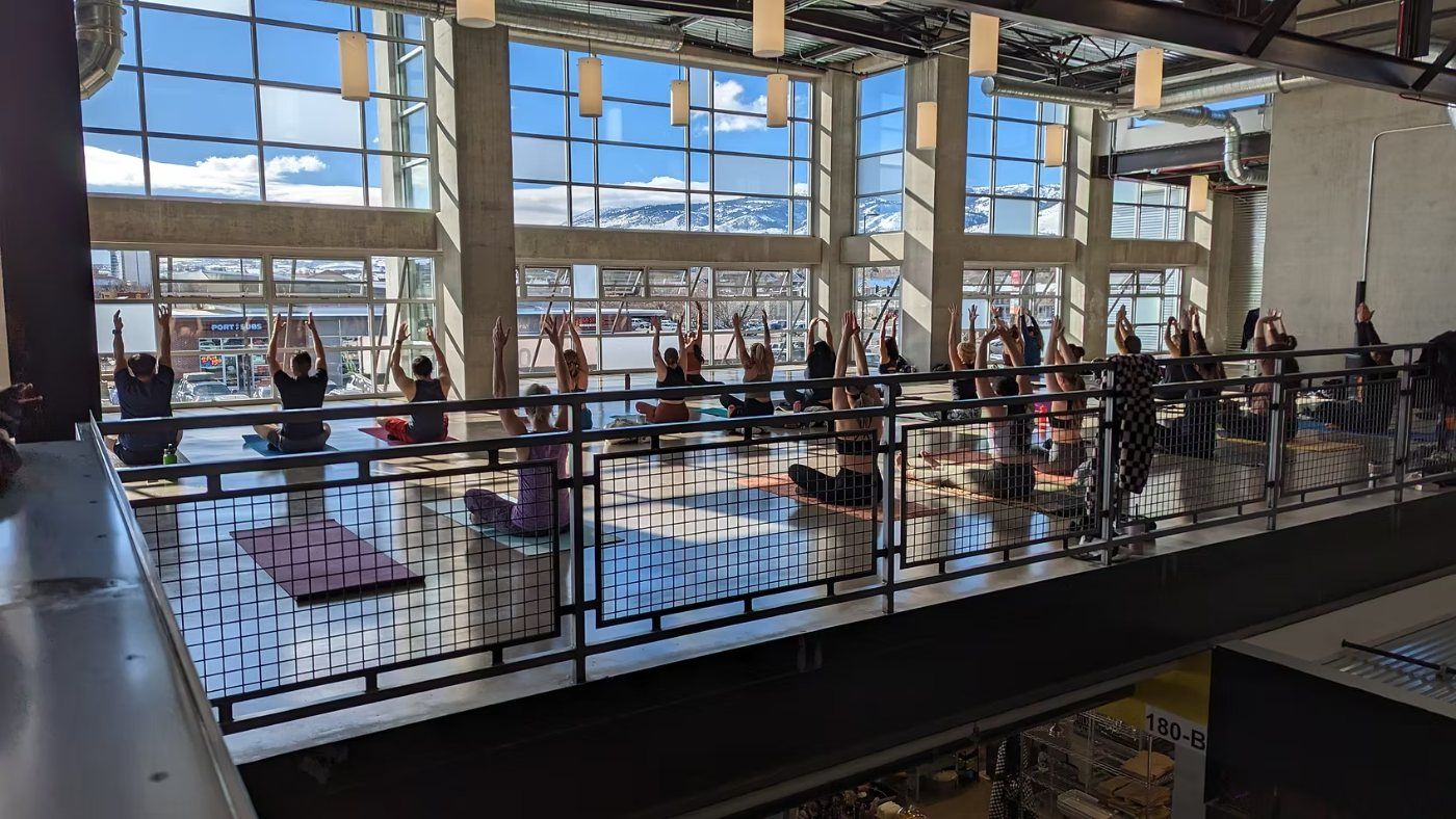 A yoga class above the market with Sierra views